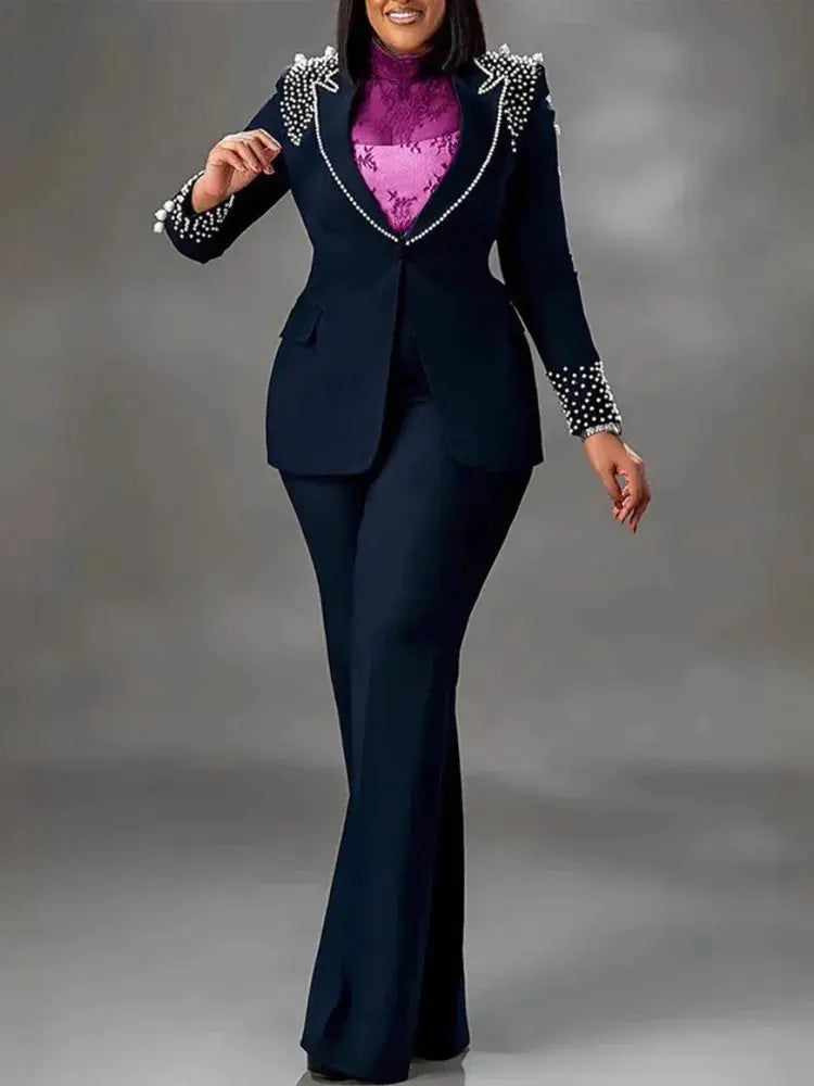 2 Pieces Women's Sets Autumn Winter Long Sleeve Pearl Blazers Suit Tops And Pants Suits Two Piece Set Tracksuit Outfit 2025 FZwear