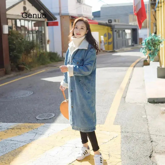 2021 Women Basic Coat Winter Denim Jacket Women Warm Wool Lining for Women Jeans Jacket Female X-Long Denim Coat Chaqueta Mujer FZwear