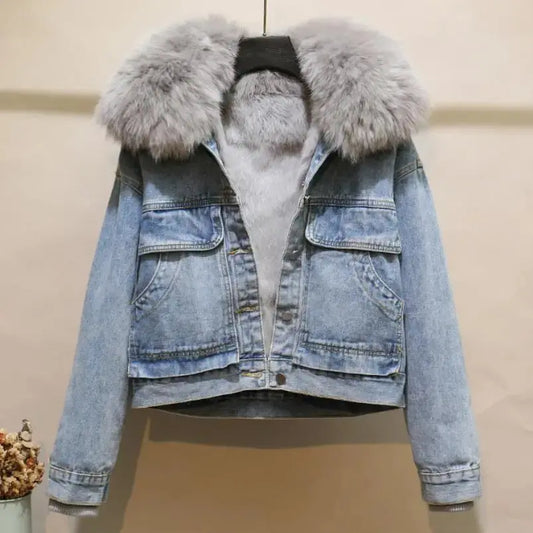 2023 Korean Detachable Rabbit Fur Liner Jean Coat  Velvet Real Fox Fur Collar Short Denim Fur Jacket Thick Parkas for Women FZwear