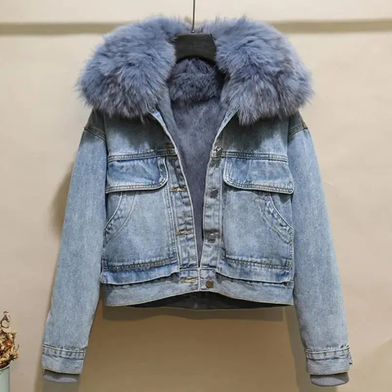 2023 Korean Detachable Rabbit Fur Liner Jean Coat  Velvet Real Fox Fur Collar Short Denim Fur Jacket Thick Parkas for Women FZwear