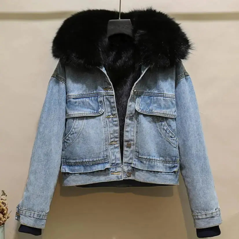 2023 Korean Detachable Rabbit Fur Liner Jean Coat  Velvet Real Fox Fur Collar Short Denim Fur Jacket Thick Parkas for Women FZwear