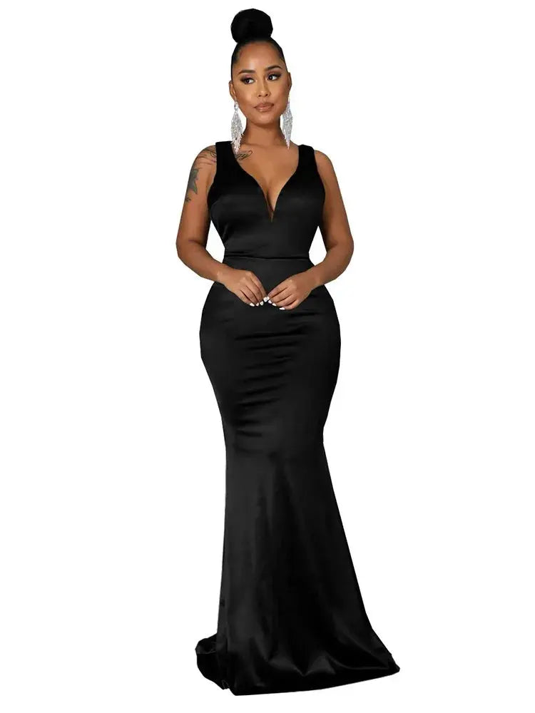 2023 Summer Dresses for Women Deep V-neck Satin Sleeveless Evening Dress Vestidos De Mujer Casual Elegant Maxi Robe Female FZwear