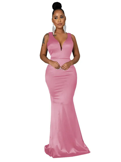 FZ Women's Deep V-neck Satin Sleeveless Evening Dress