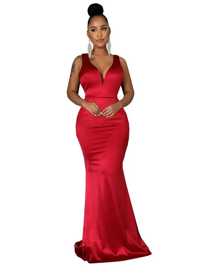 FZ Women's Deep V-neck Satin Sleeveless Evening Dress