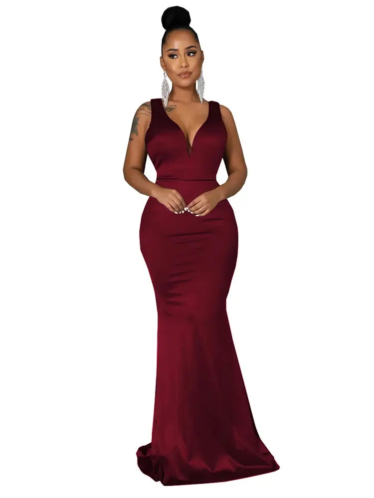 FZ Women's Deep V-neck Satin Sleeveless Evening Dress