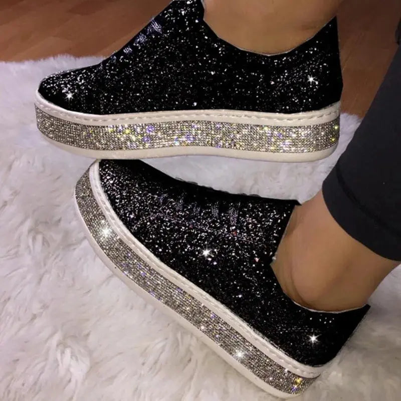 2023 Women Vulcanize Shoes Sneakers Sliver Bling Shoes Girl Flat Glitter Sneakers Casual Female Breathable Lace Up Sport Shoes FZwear