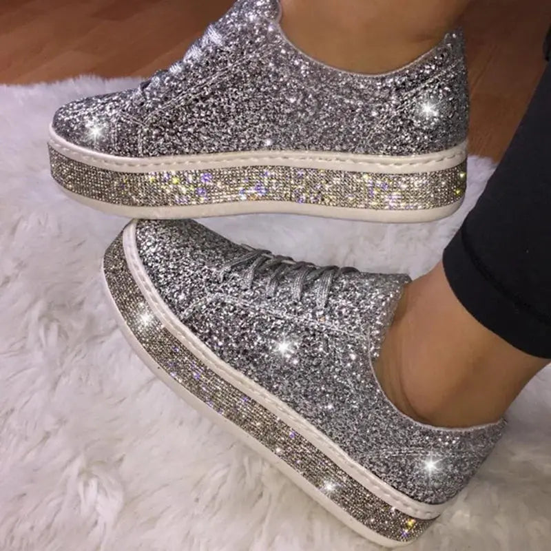 2023 Women Vulcanize Shoes Sneakers Sliver Bling Shoes Girl Flat Glitter Sneakers Casual Female Breathable Lace Up Sport Shoes FZwear