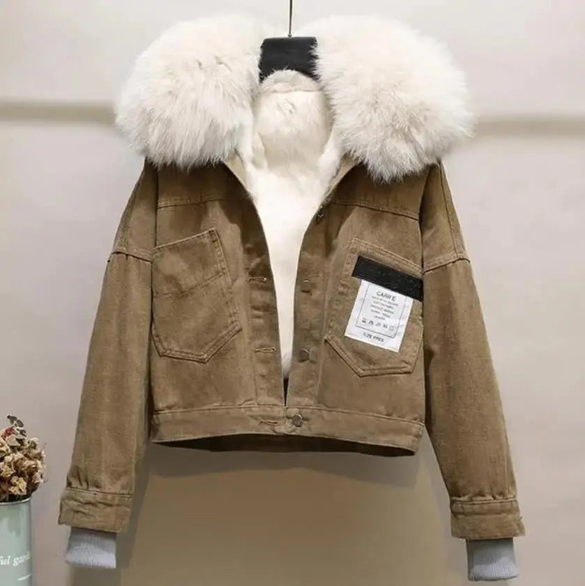 2023 winter fashion  velvet thick denim jacket women Korean loose casual rabbit fur liner real fur collar Parkas outerwear FZwear