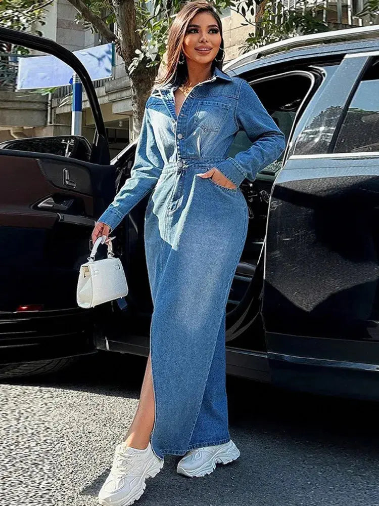 2024 Autumn Winter Fashion New Maxi Dress Shirt Neck Pocket Pencil Dress Casual Elegant Temperament Single Breasted Denim Dress FZwear