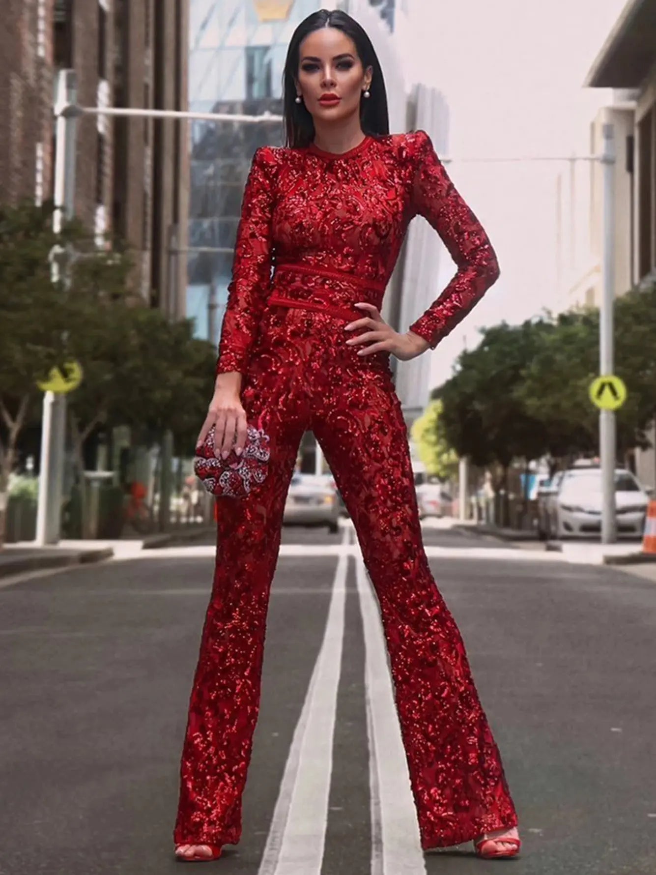 2024 New Women Red Sequins Bandage Full Length Jumpsuit Spring Sexy White Bodycon Sequins Fashion Celebrity Party Jumpsuits FZwear