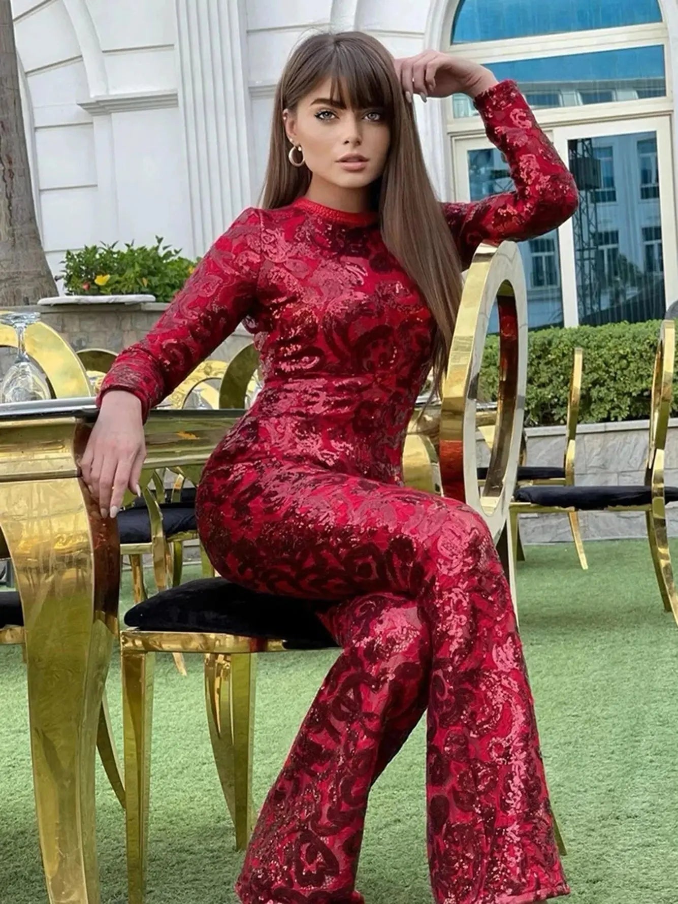 2024 New Women Red Sequins Bandage Full Length Jumpsuit Spring Sexy White Bodycon Sequins Fashion Celebrity Party Jumpsuits FZwear