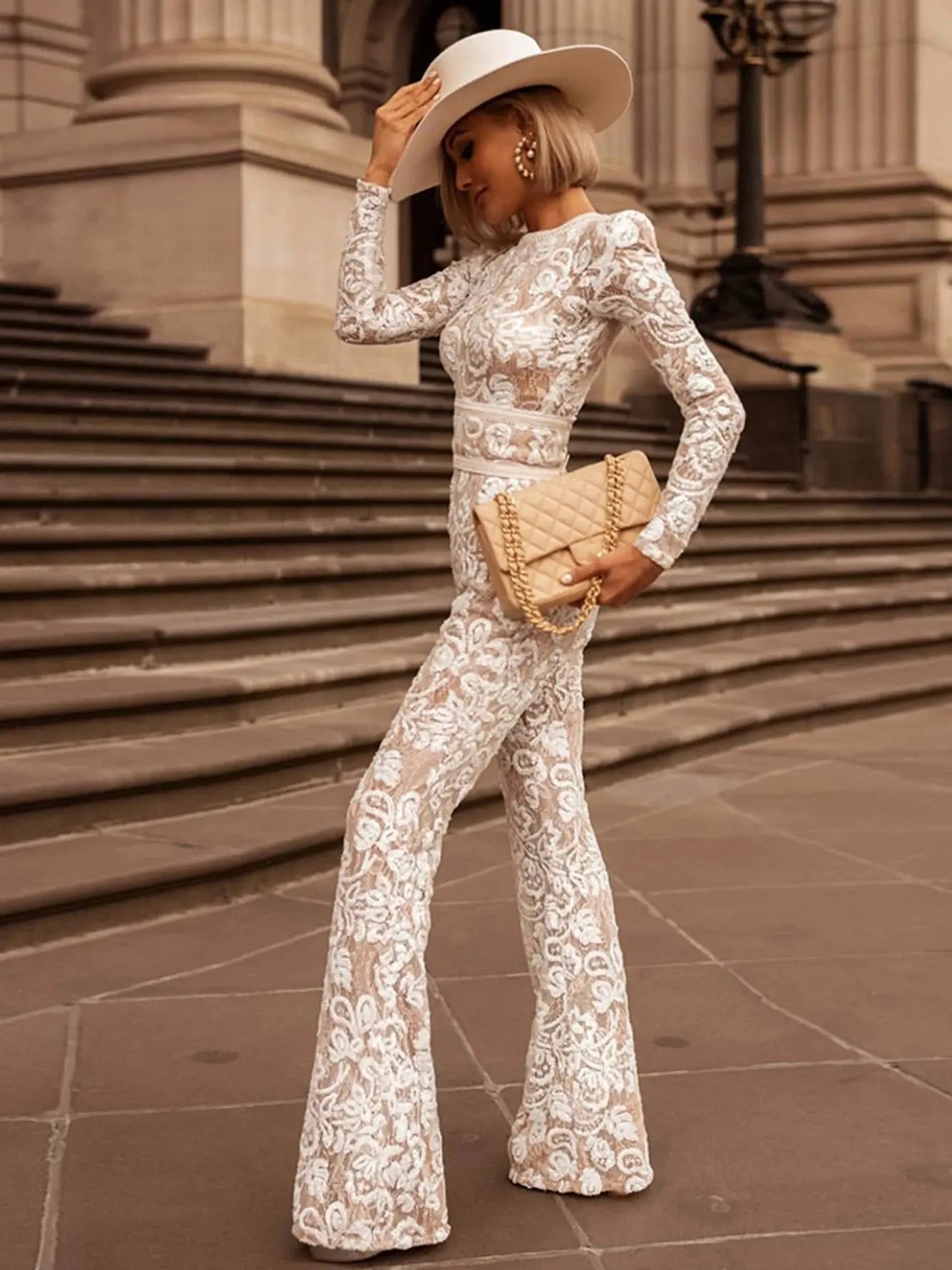 2024 New Women Red Sequins Bandage Full Length Jumpsuit Spring Sexy White Bodycon Sequins Fashion Celebrity Party Jumpsuits FZwear