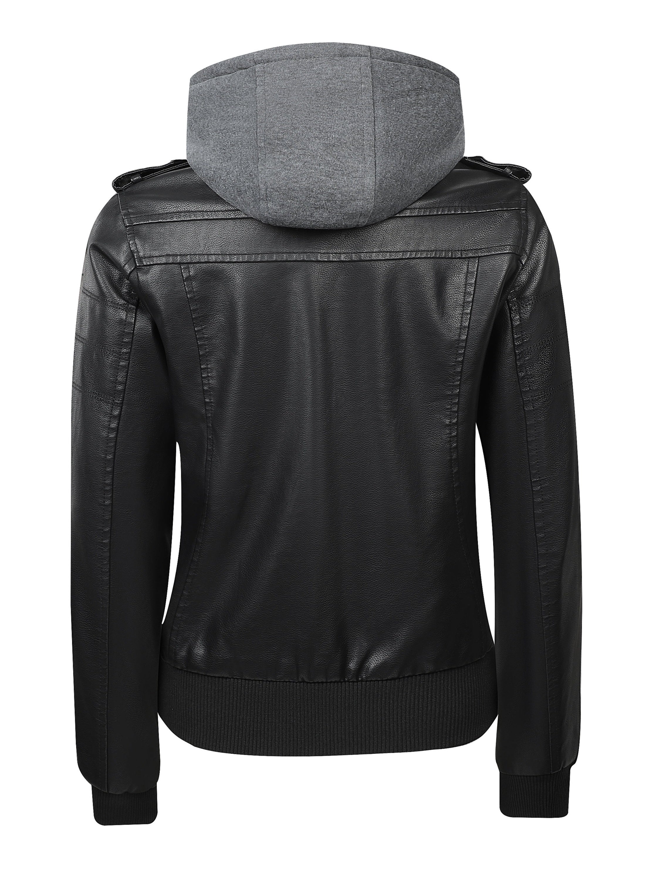 FZ Women's Vintage-Style  Detachable Hood PU Leather Jacket