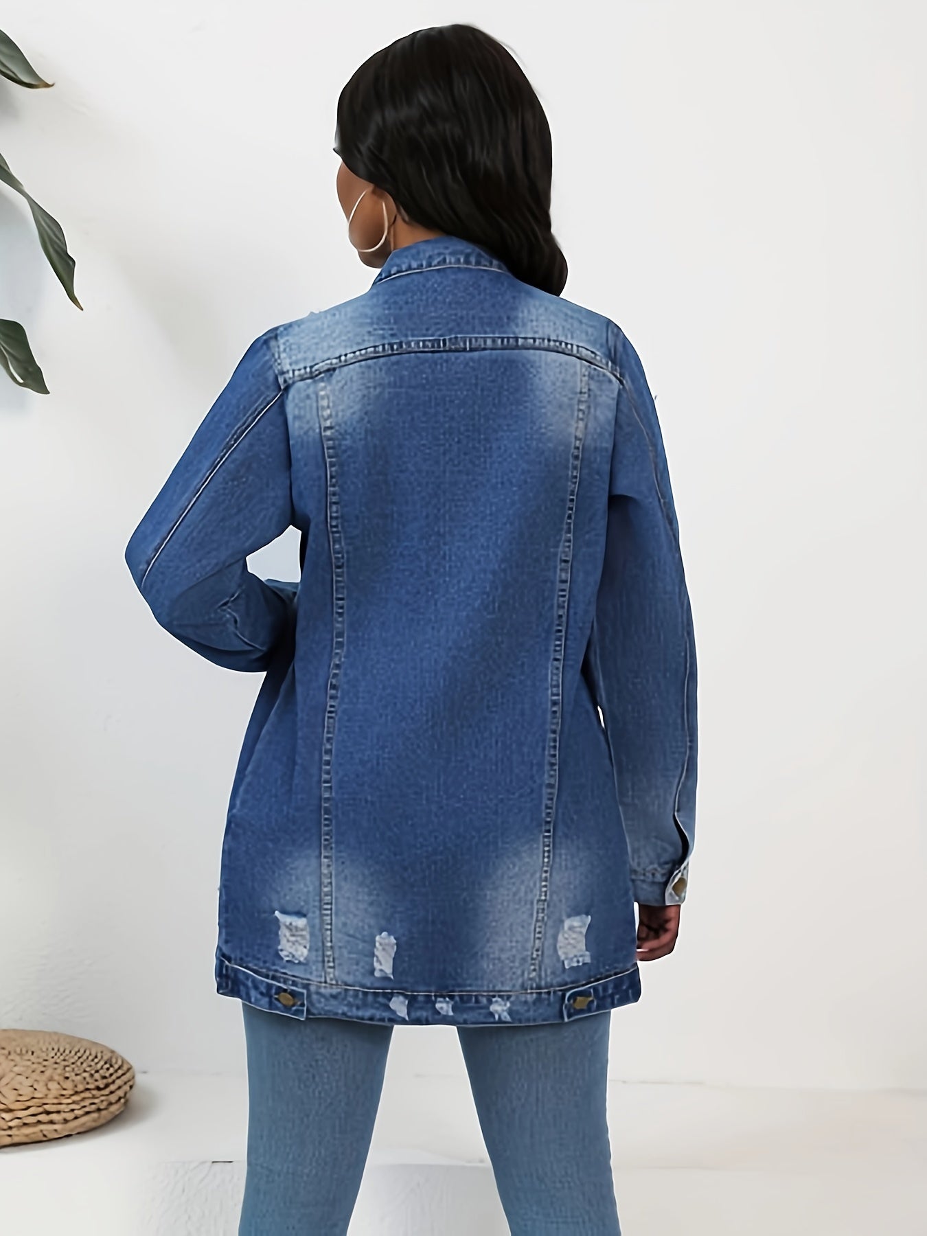 FZ Women's Solid Ripped Turn-down Collar Loose Casual Denim Jacket