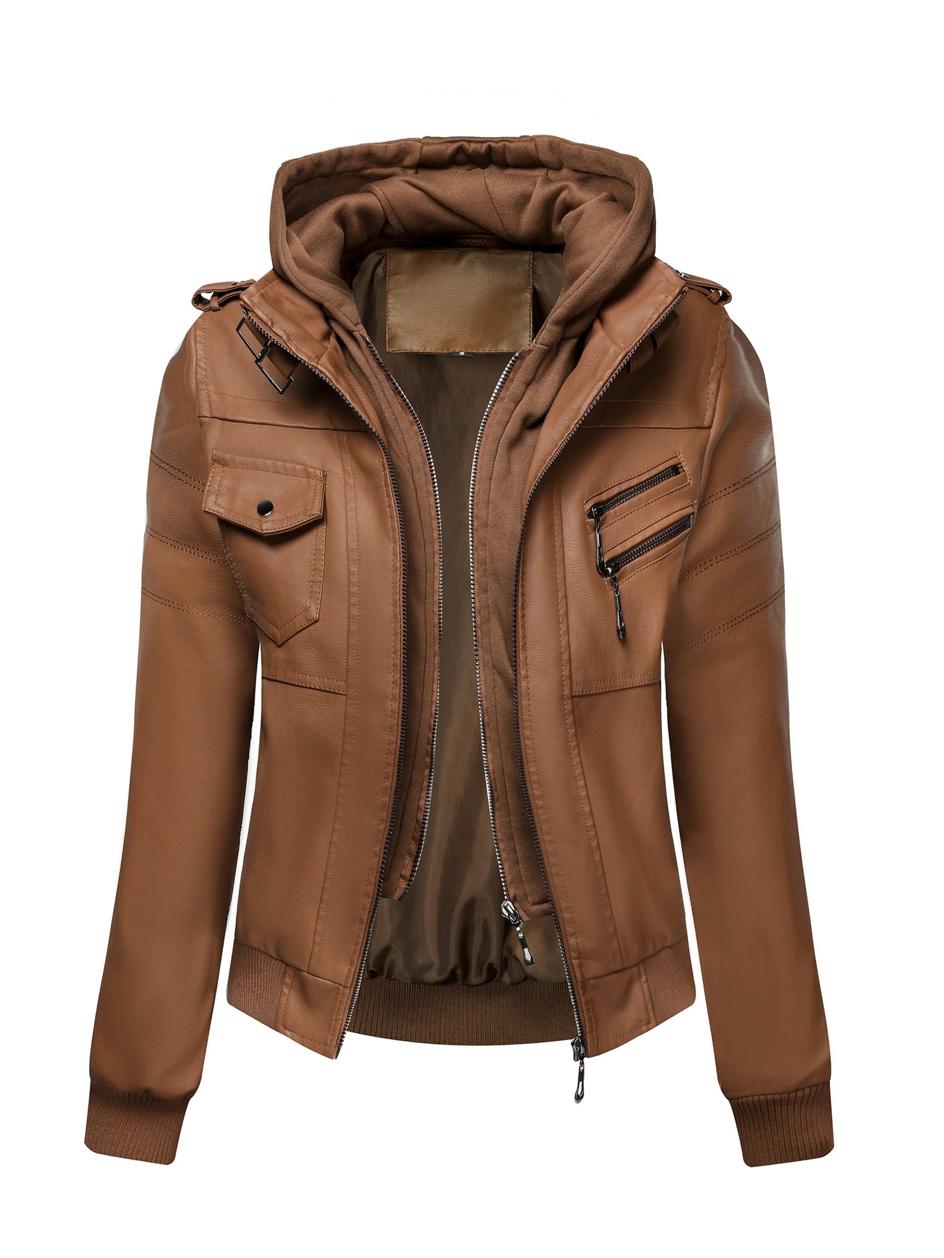 FZ Women's Vintage-Style  Detachable Hood PU Leather Jacket