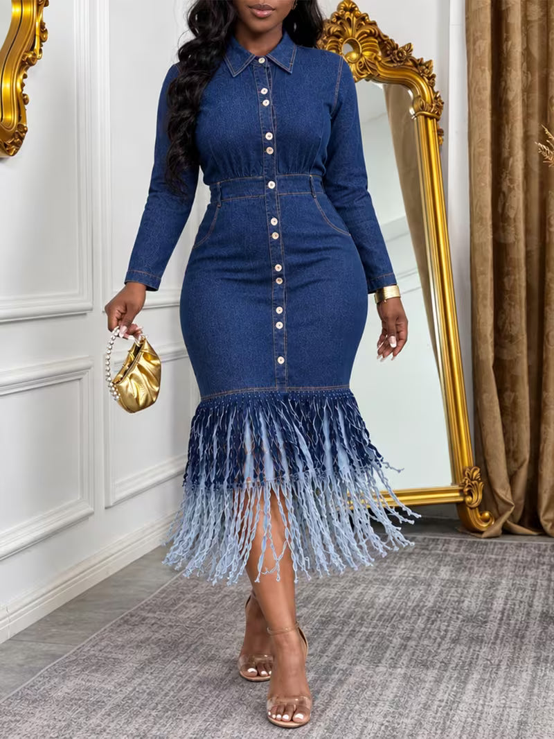 FZ Women's Plus Size Vintage Lapel Collar Tiered Cake Layer Denim Dress