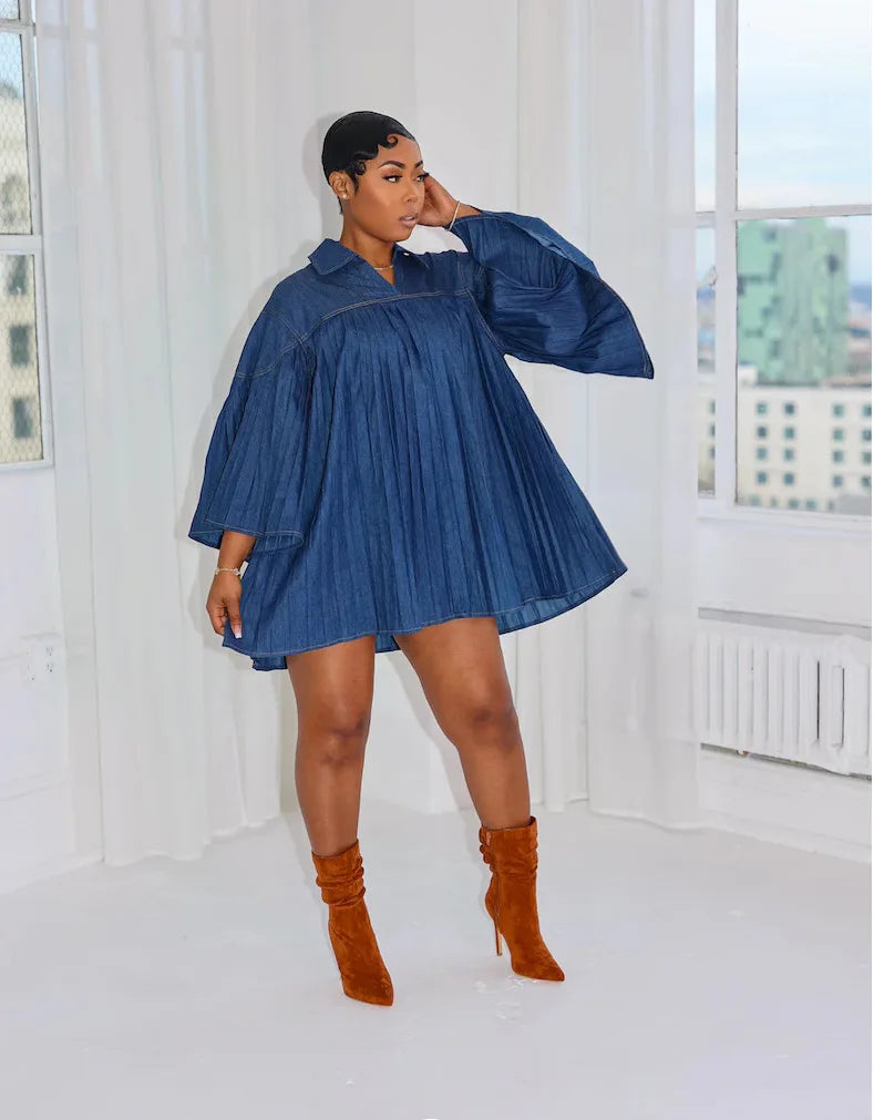 FZ Women's Slim Long Sleeve Pleated Loose Big Swing Denim Dress