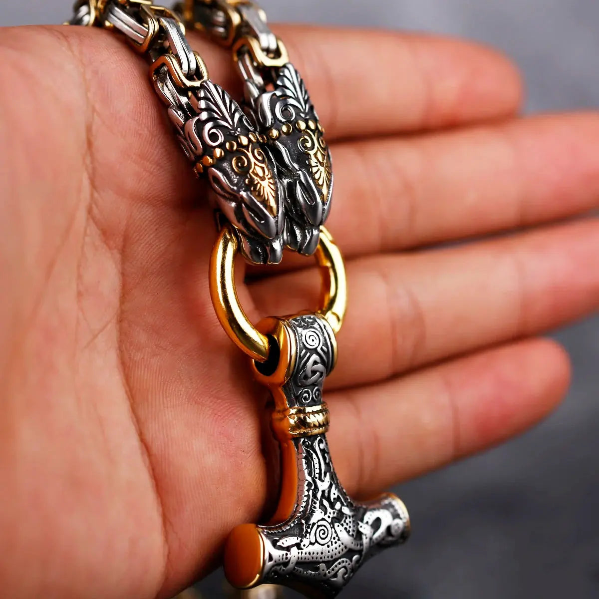 [316L Stainless Steel] 2021 New Nordic Fashion Domineering Viking Dragon Thor's Hammer Pendant Men's Necklace Jewelry Gift FZwear