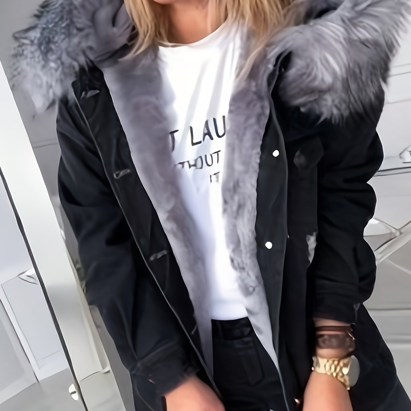 FZ Women's Slim-Fit Mid-Length Single-Breasted Faux-Fur Collar Denim Jacket