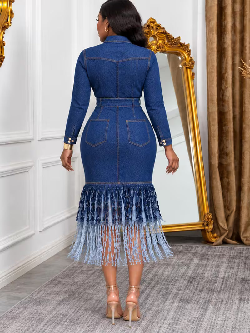 FZ Women's Plus Size Vintage Lapel Collar Tiered Cake Layer Denim Dress