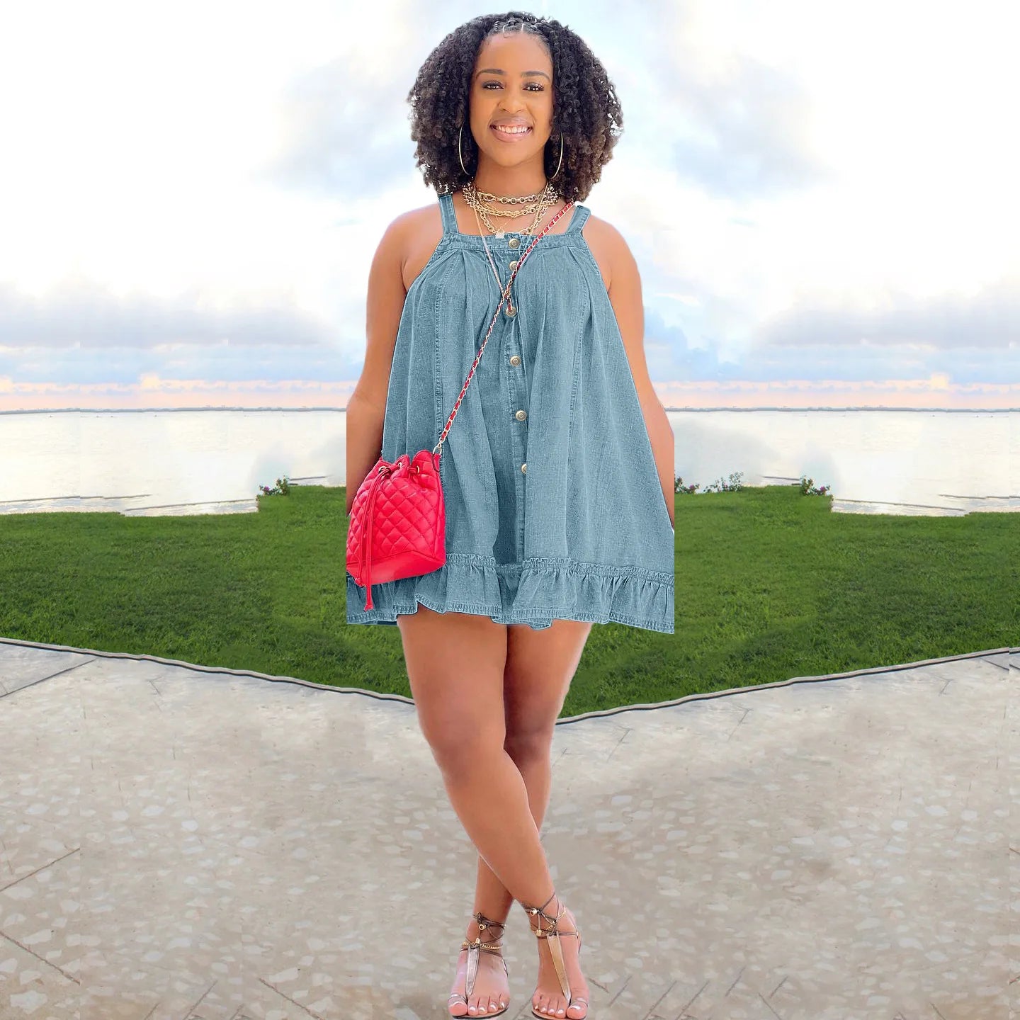 FZ Women's Spaghetti Strap Ruffles Hem Loose A-line Denim Dress