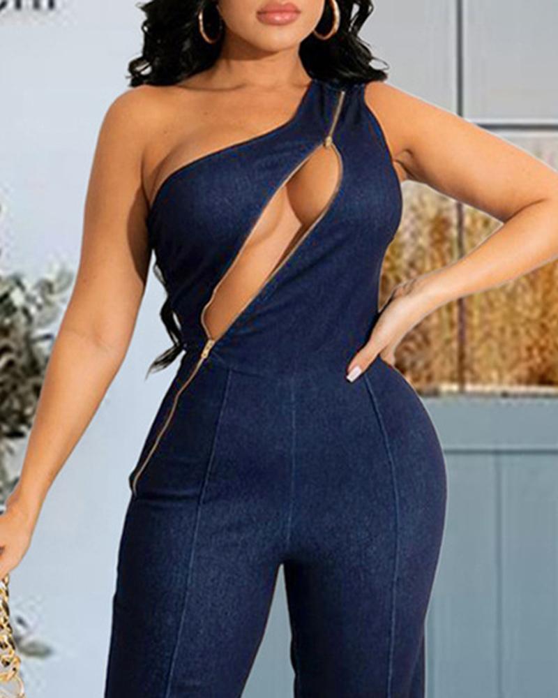 FZ Women's Cutout One Shoulder Denim Jumpsuit FZwear