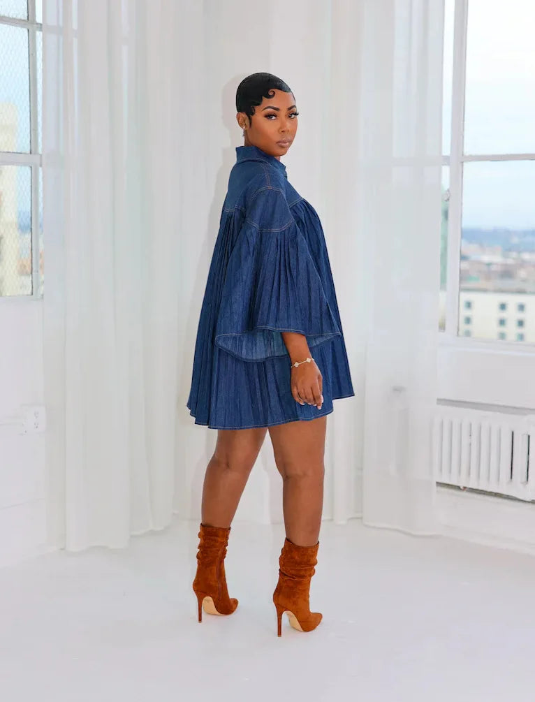 FZ Women's Slim Long Sleeve Pleated Loose Big Swing Denim Dress