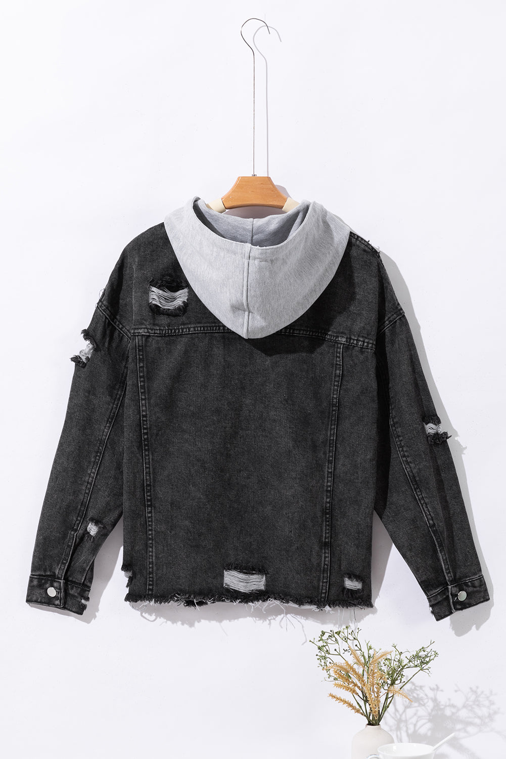 Black Drawstring Hooded Frayed Denim Jacket FZwear