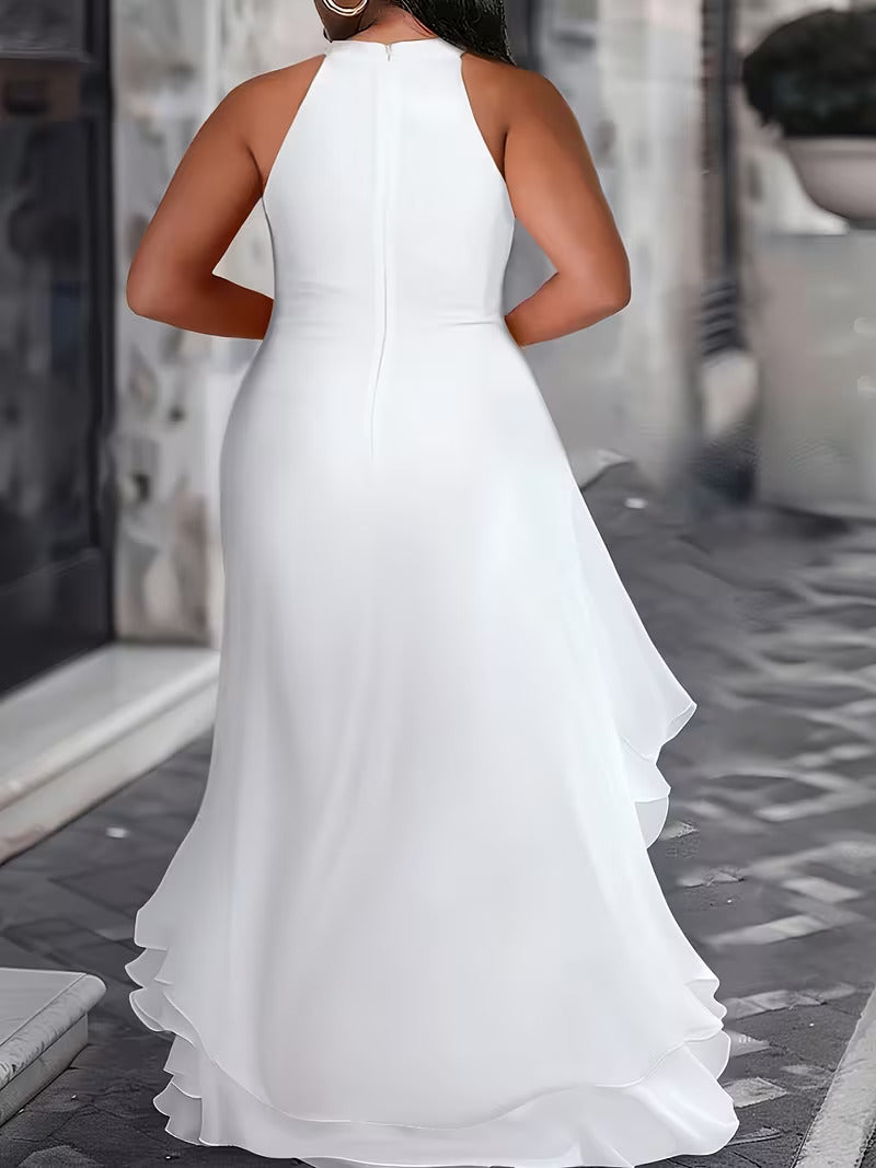 FZ Women's Plus Size White Halter Slit Asymmetrical Maxi Dress