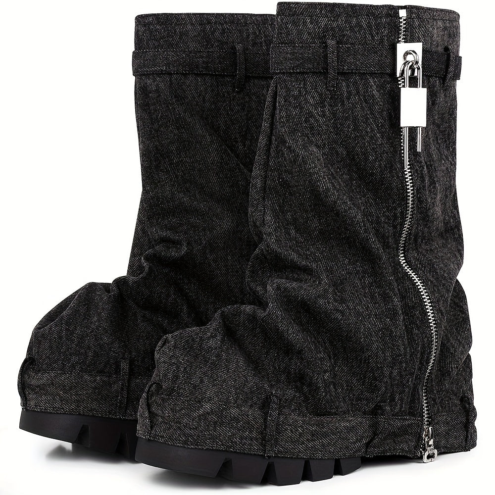 FZ Women's Mid-Calf Side Pockets & Buckle Straps Platform Wedge Denim Boots