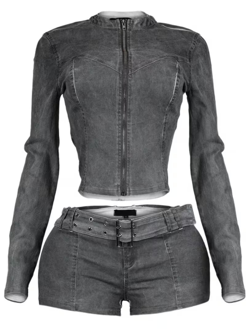 FZ Women's Y2K Long-Sleeve Belted Design 2pcs Denim Shorts Suit
