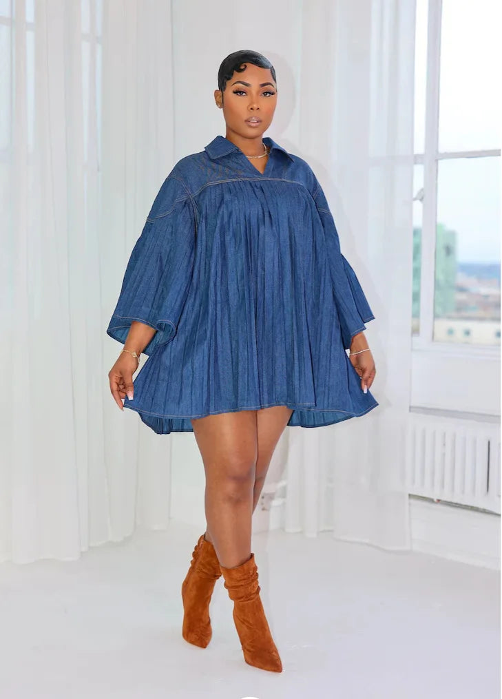 FZ Women's Slim Long Sleeve Pleated Loose Big Swing Denim Dress
