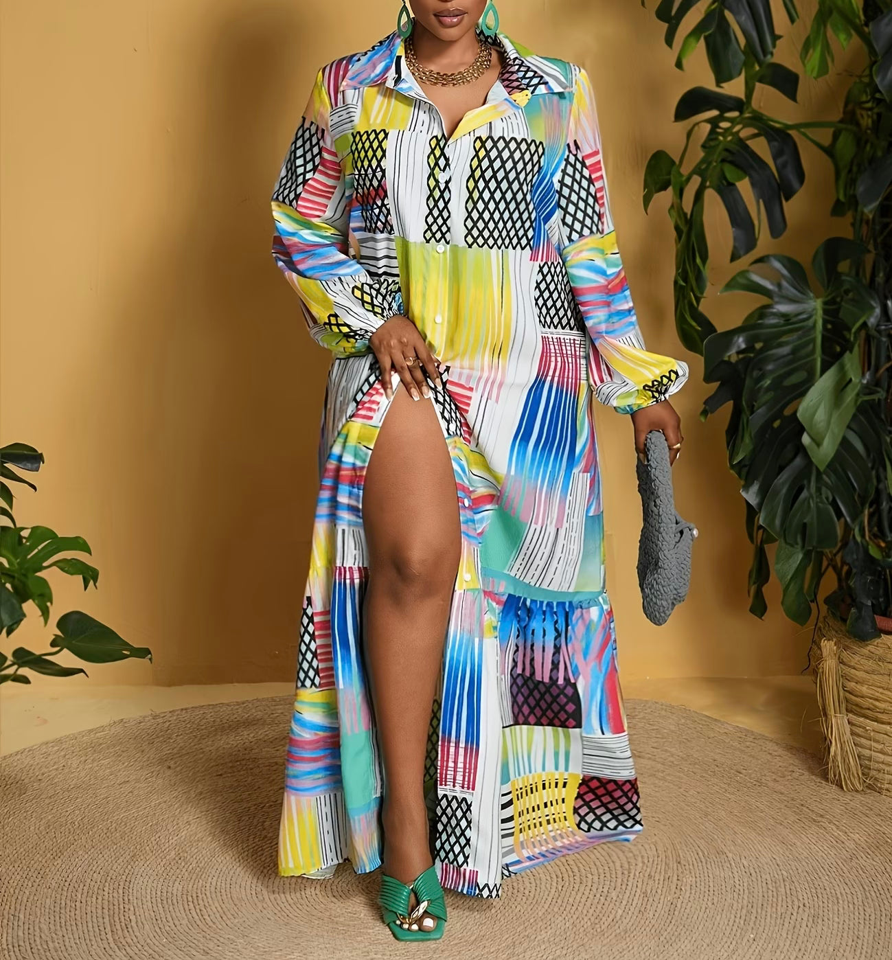 FZ Women's Plus Size Bohemian Print Long Sleeve Vintage Maxi Dress