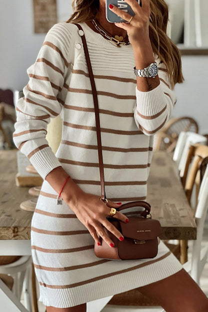 FZ Women's Stripe Button Ribbed Detail Mini Sweater Dress - FZwear