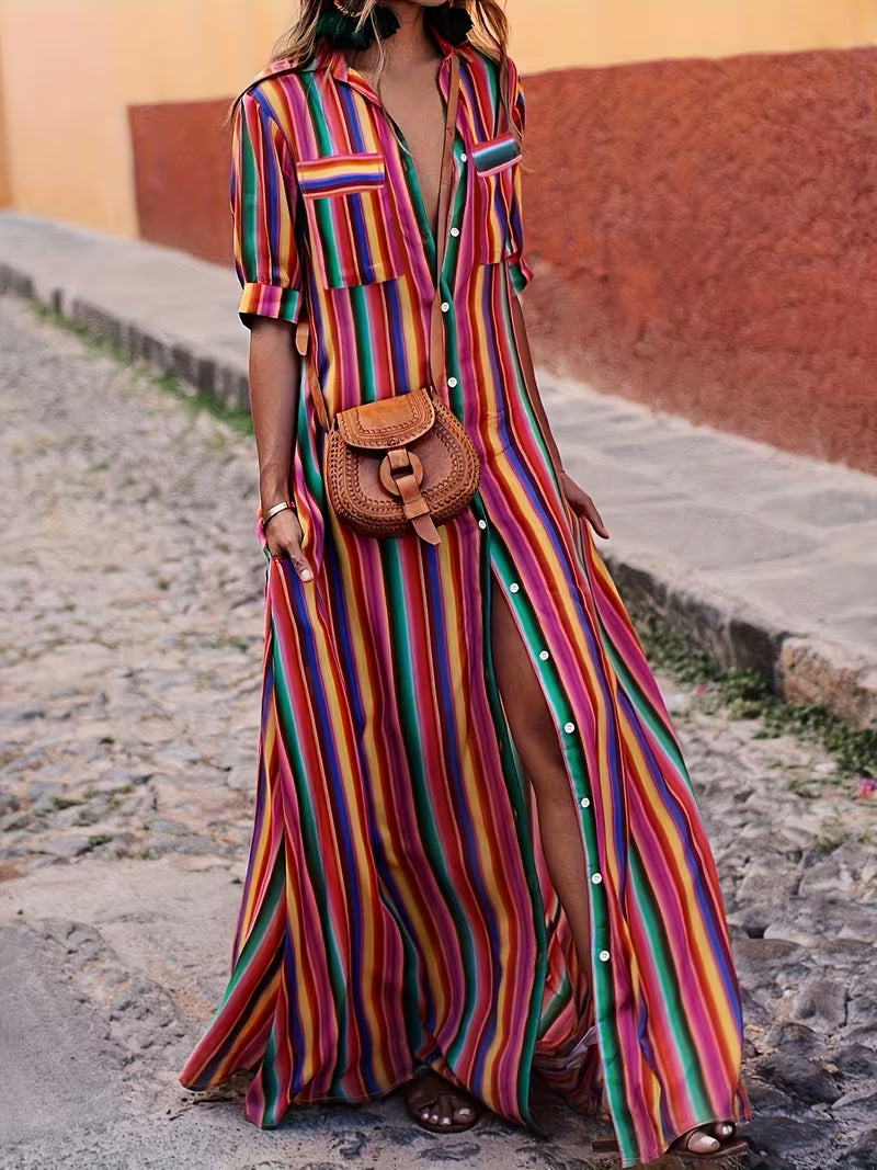 FZ Women's Bohemian Striped Shirt-Style Collar Half Sleeve Maxi Dress
