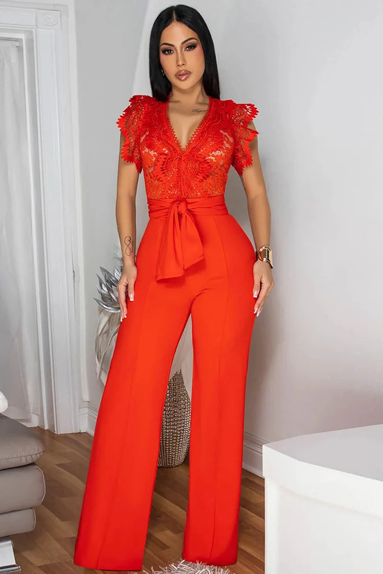 FZ Women's Hollow Out Pattern V Neck Tie Up Straight Leg Sleeveless Jumpsuit