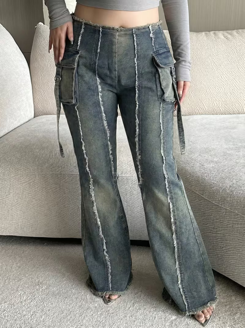 FZ Women's Plus Size Frayed Edges Multiple Pockets Split Line Fringe Trim Denim Pants