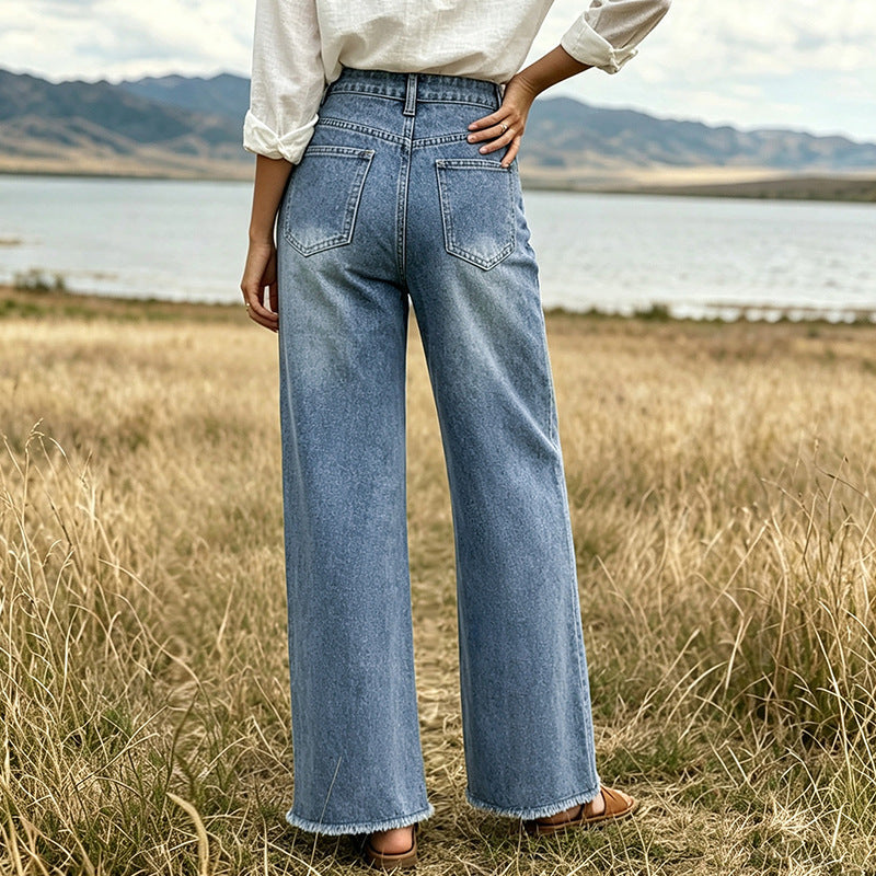 FZ Women's Five Pointed Star Embroidered Wide Leg Frayed Hem Denim Pants