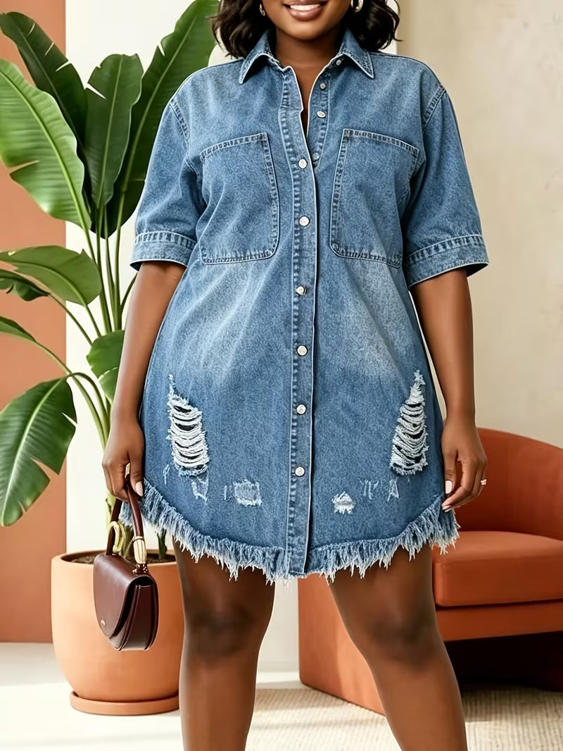 FZ Women's Plus Size Distressed Ripped Frayed Hem Denim Shirt Dress