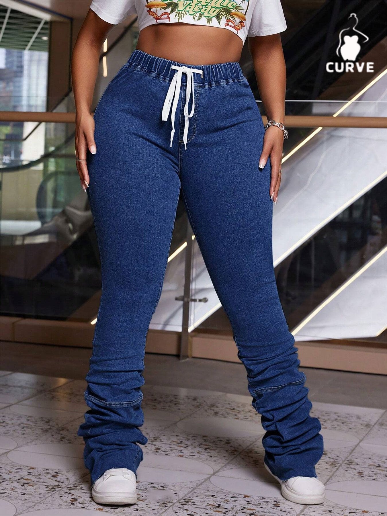 FZ Women'S Plus Size Stretchy Non-See-Through Drawstring Denim Pants