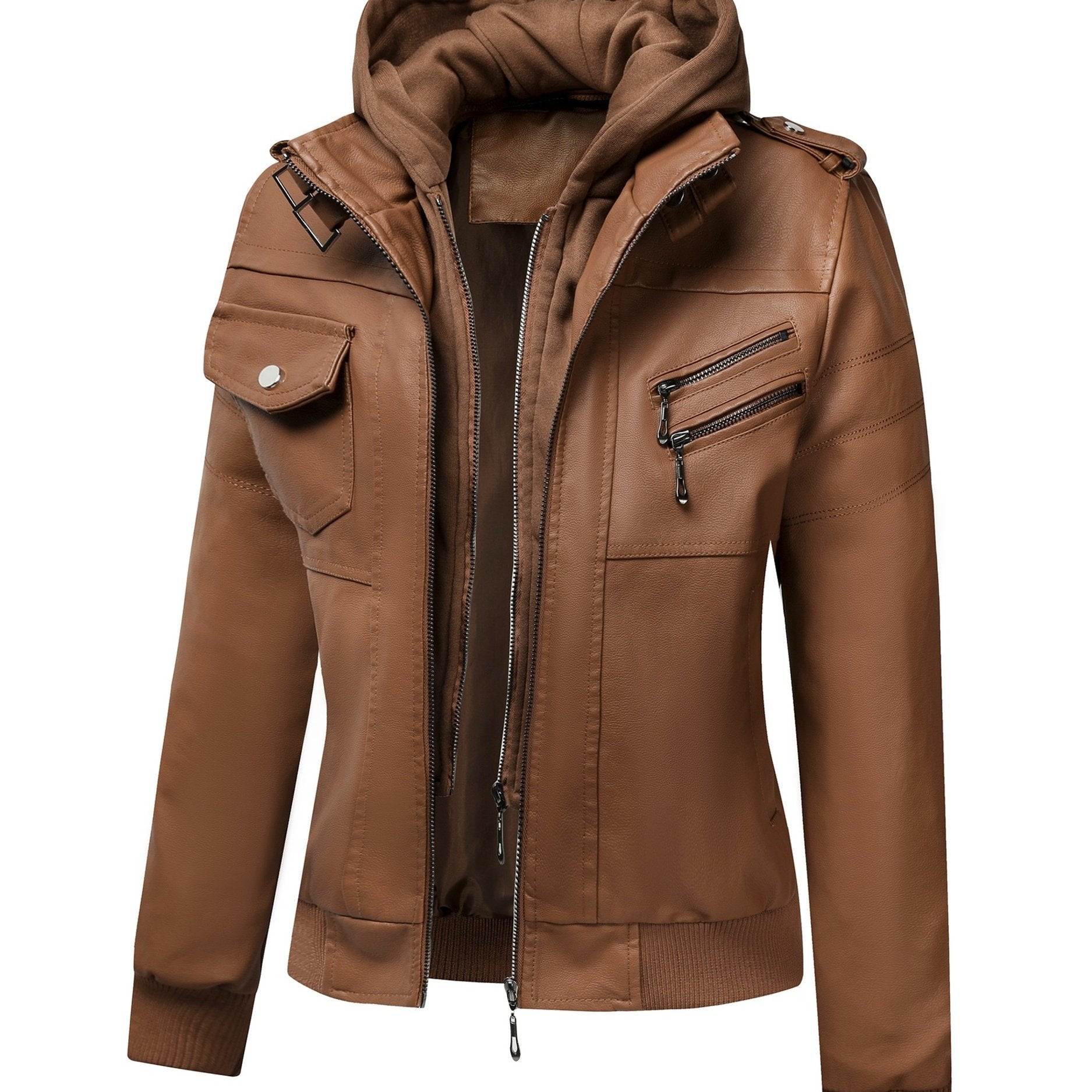 FZ Women's Vintage-Style  Detachable Hood PU Leather Jacket