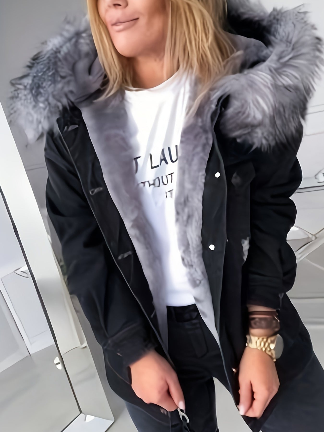 FZ Women's Slim-Fit Mid-Length Single-Breasted Faux-Fur Collar Denim Jacket