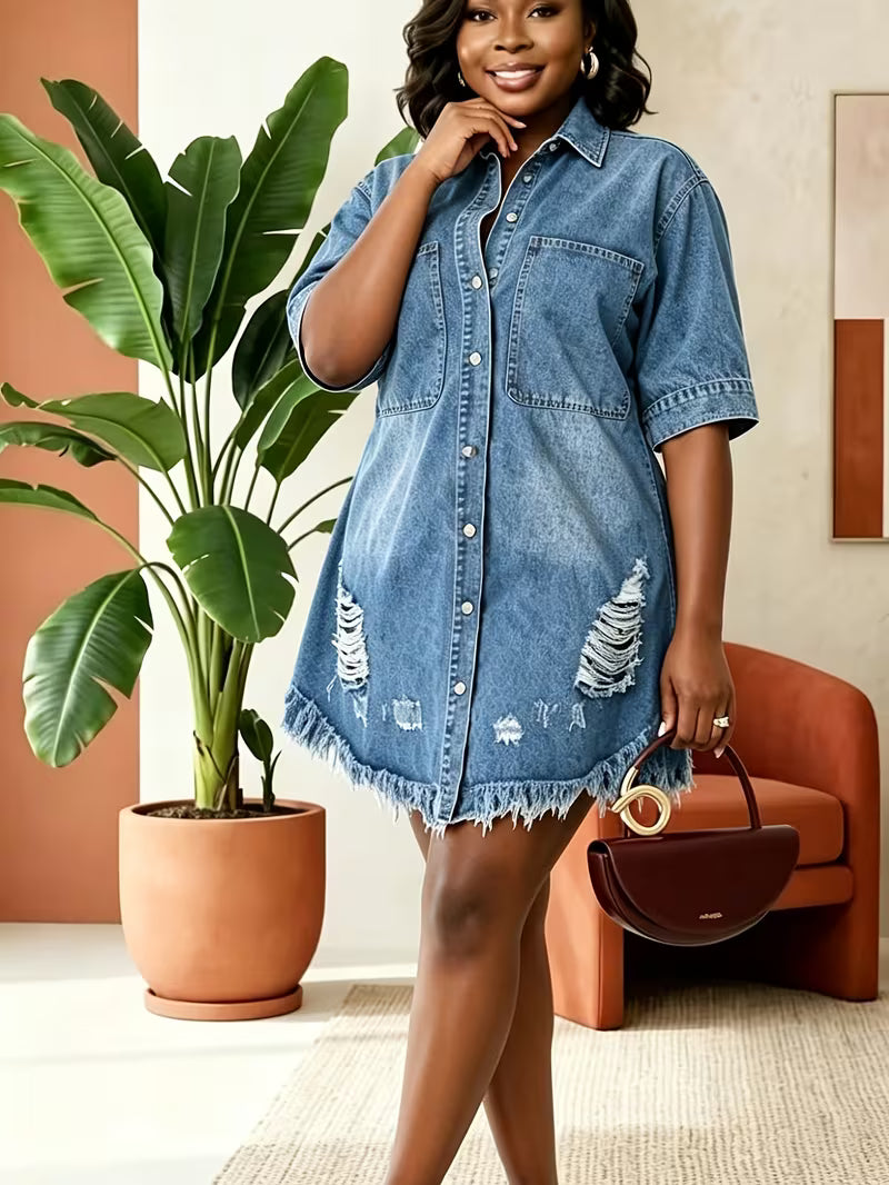 FZ Women's Plus Size Short Sleeve Distressed Ripped Frayed Hem Shirt Denim Dress