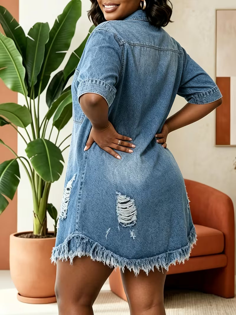 FZ Women's Plus Size Short Sleeve Distressed Ripped Frayed Hem Shirt Denim Dress