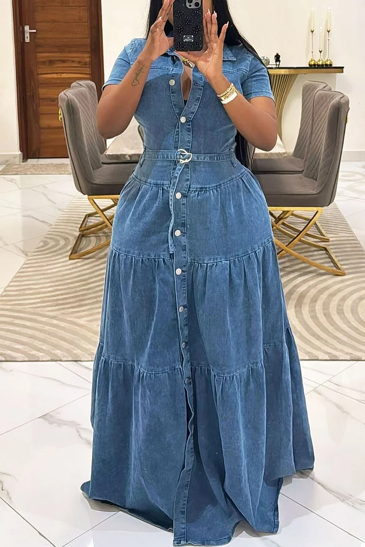 FZ Women's Button Up Short Sleeve Tiered Hem Daily Maxi Denim Dress