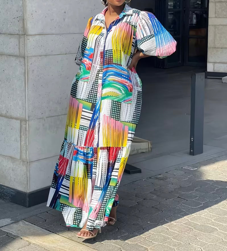 FZ Women's Plus Size Bohemian Print Long Sleeve Vintage Maxi Dress