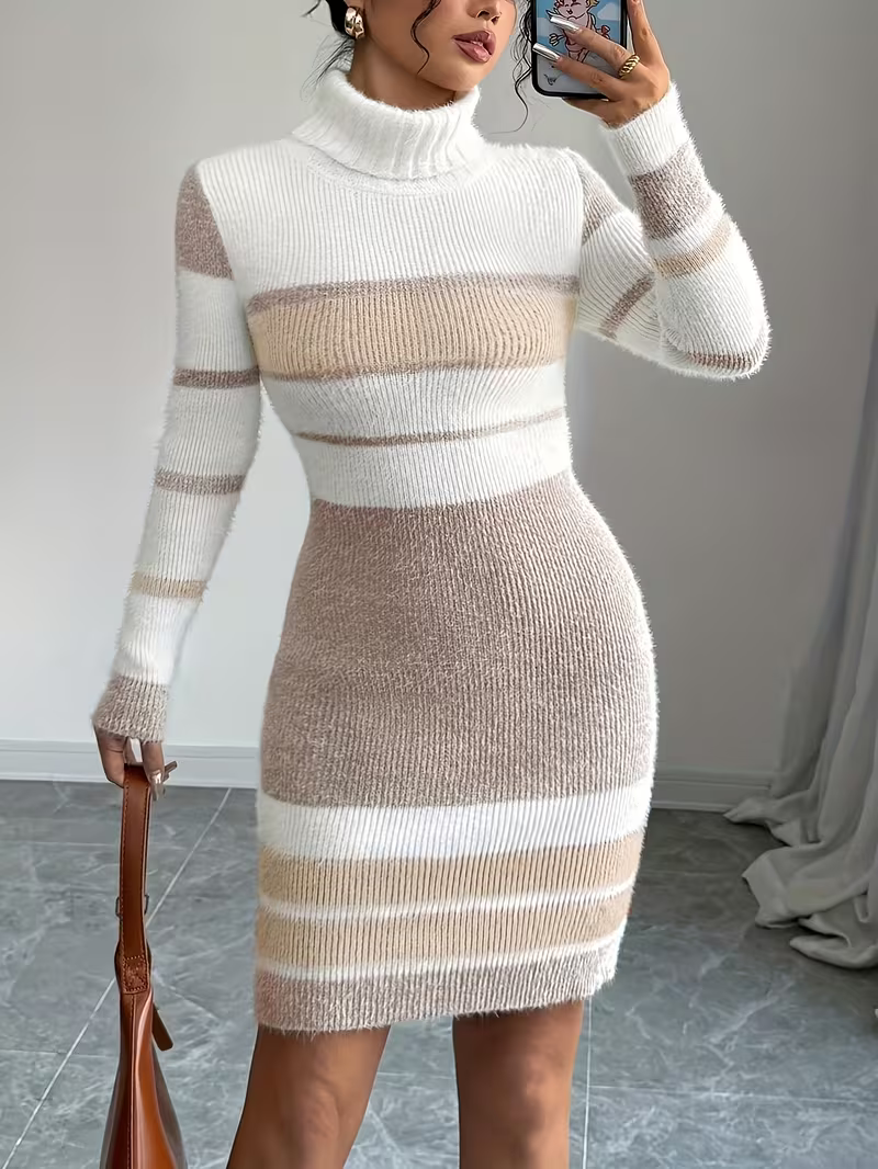 FZ Women'S Color Block Contrasting High Collar Versatile Slim Fit Dress