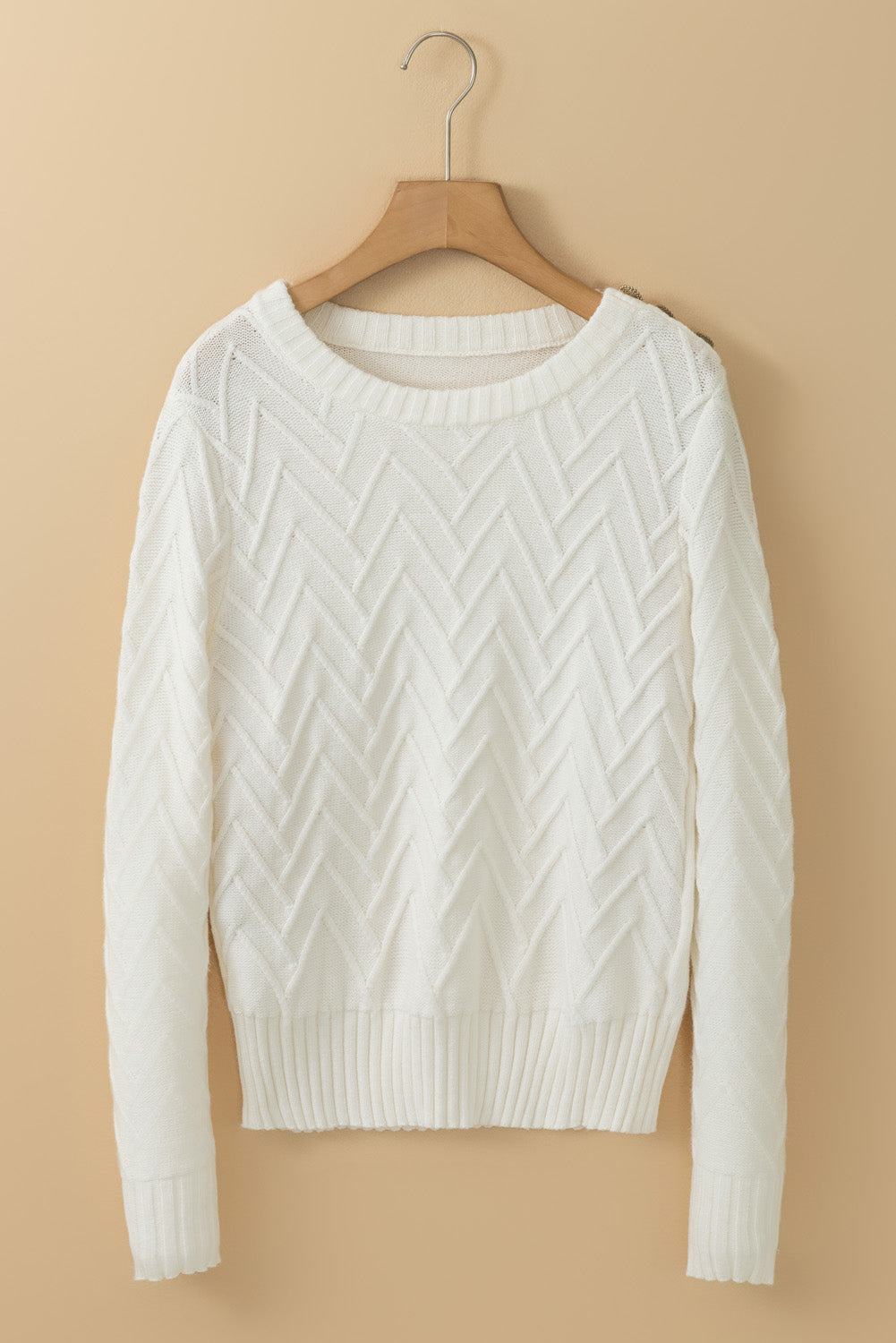 White Textured Knit Button Decor Pullover Sweater FZwear