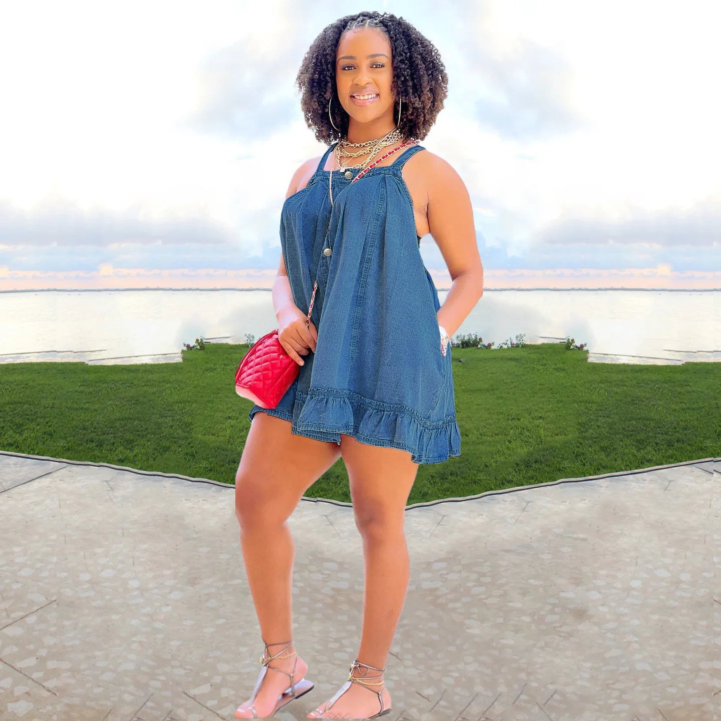FZ Women's Spaghetti Strap Ruffles Hem Loose A-line Denim Dress