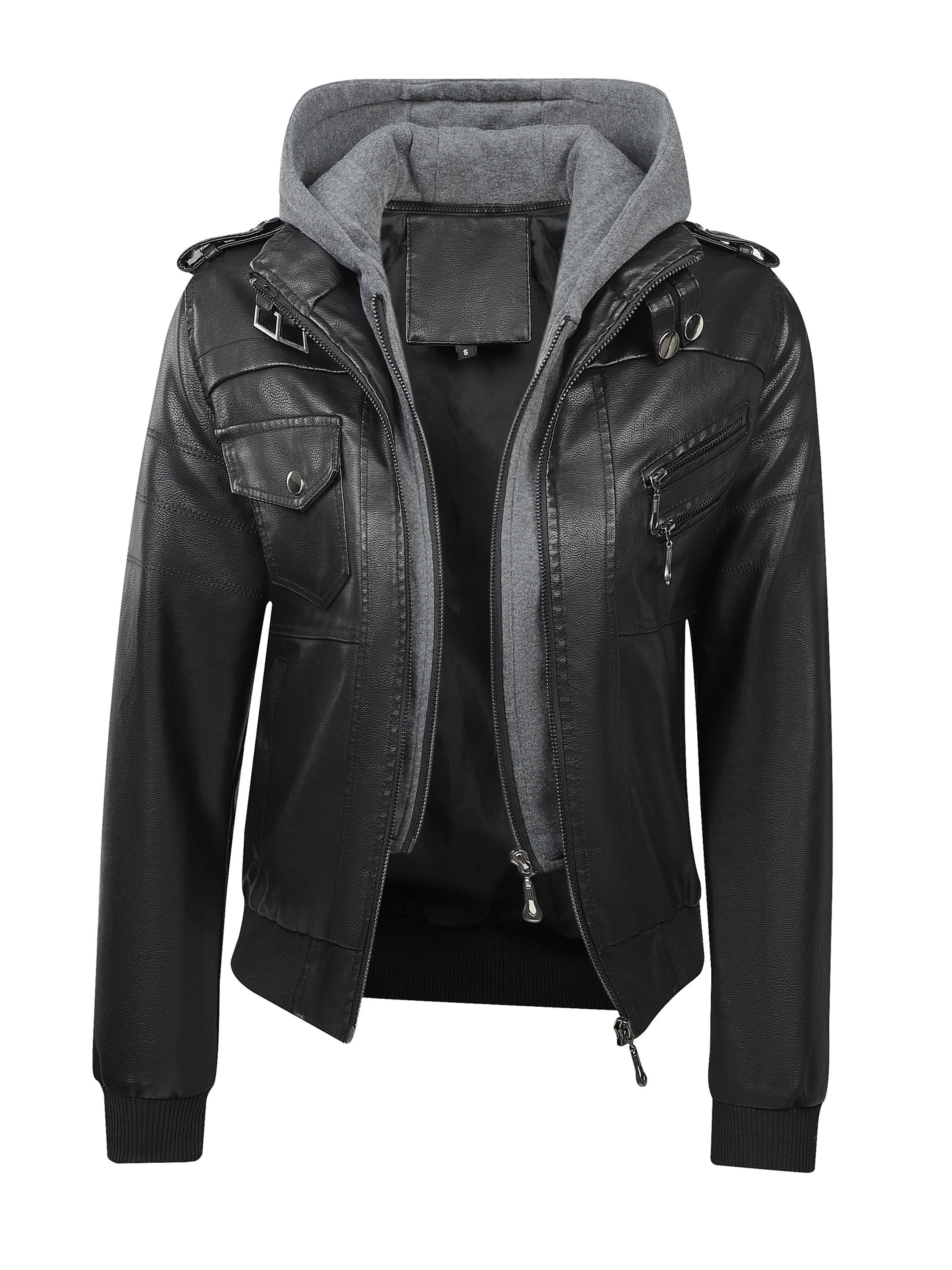 FZ Women's Vintage-Style  Detachable Hood PU Leather Jacket